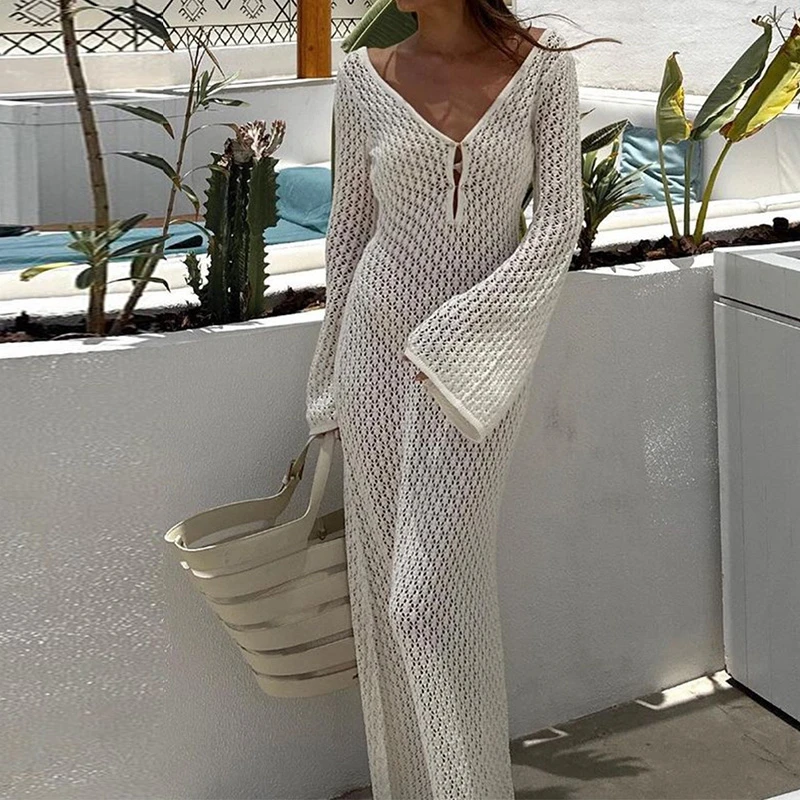 Maemukilabe Elegant Lady Crochet Low Cut V Neck Backless Dress Women Knitted Hollow Out Long Dress Beach Club Party Vestidos
