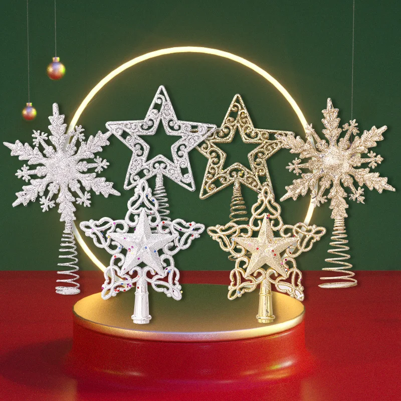 Christmas Tree Top Star Plastic Hollow Gold Scallion Powder Decoration Christmas Tree Five Point Star Snowflake Five Point Star