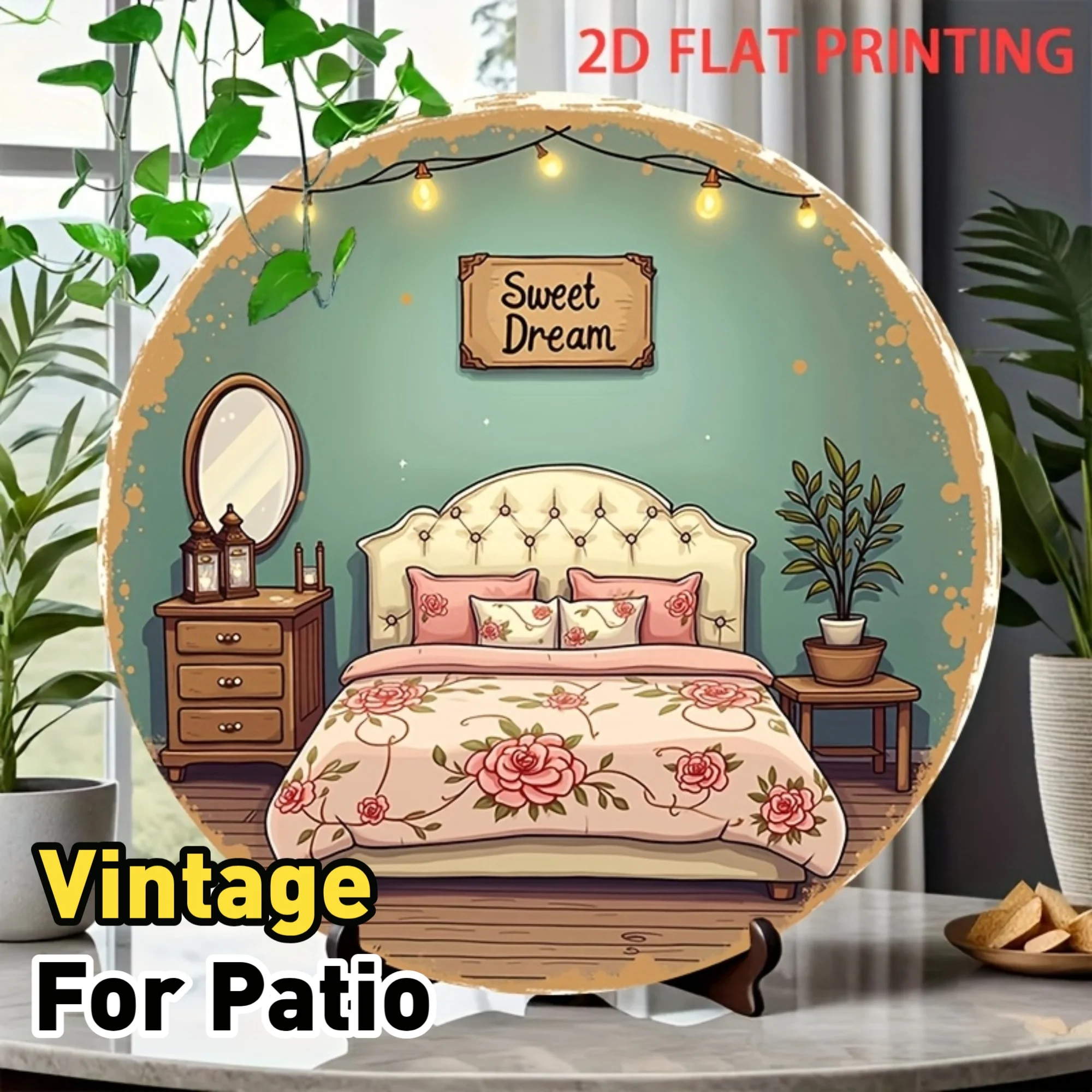2D flach, 1 Stück Vintage-Blechschild aus Eisen – 20,32 x 20,32 cm, rund, rustikal, süßer Traum, Schlafzimmerdekoration mit vorgebohrten Löchern – Blumenmuster und Cha
