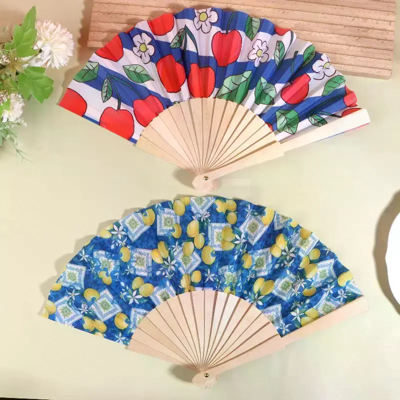 Cute Lemon Cherry Pattern Folding Hand Fan Wooden Handle Portable Summer For Dance Activity Party Wedding