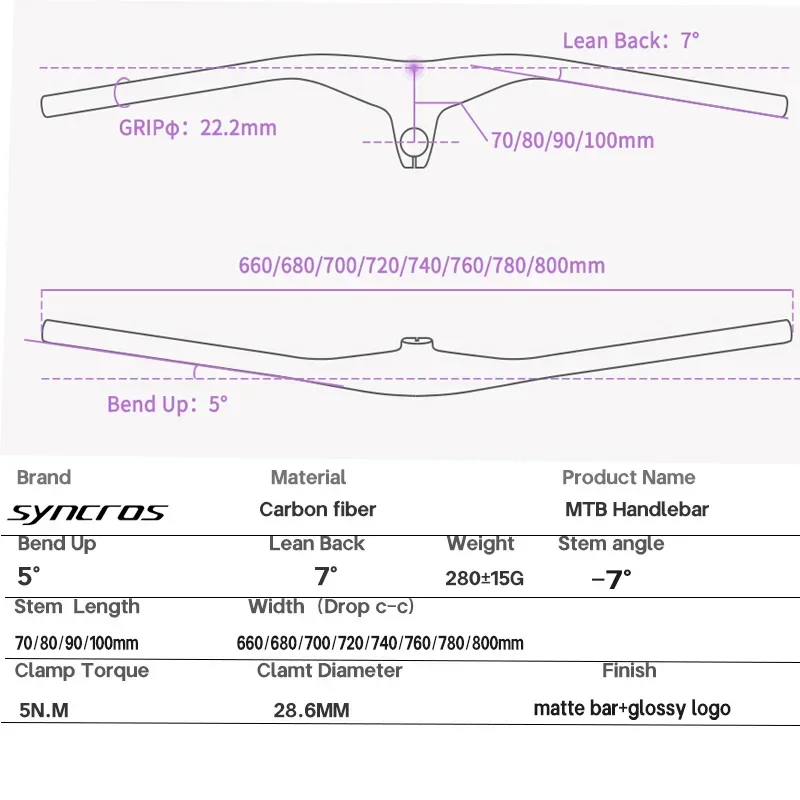 Syncros Carbon Handlebars 28.6mm-7Degree Integrated Handlebarr Mountain Bike 660~800mm Stem 70/80/90/100mm Bicycle frame Parts