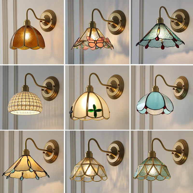 

American Retro Wall Lamp Brass Glass Wall Lights Nordic Homestay Aisle Bedside Staircase Creative Bedroom Led Lighting