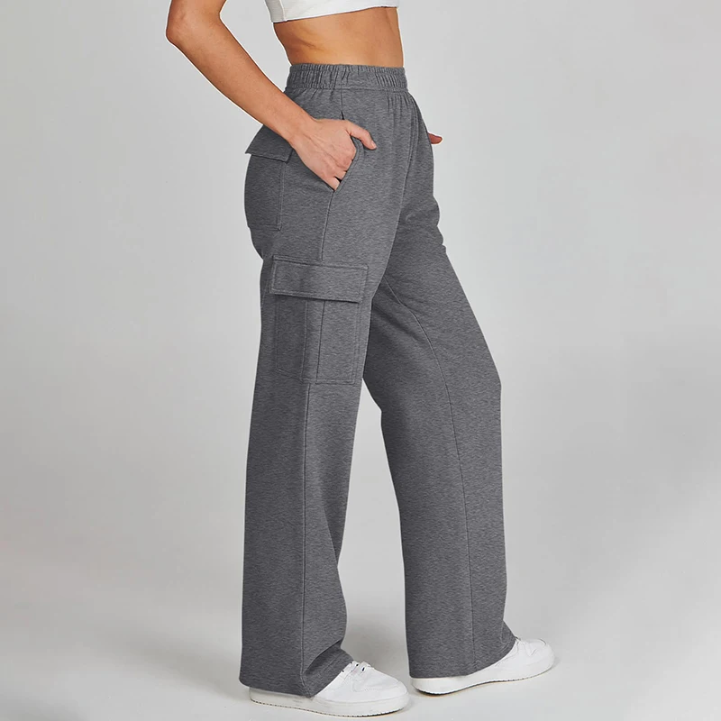 Women's Cargo Sweatpants Patch Pocket Casual Loose Fleece High Waist Sports Casual Pants Straight Leg Pants