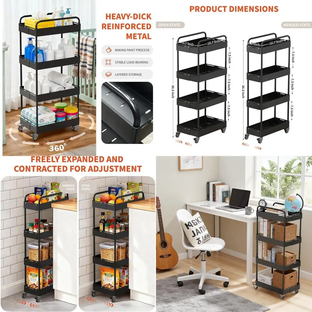 

Expandable 4-Tier Metal Utility Cart with Wheels for Home Storage in Black