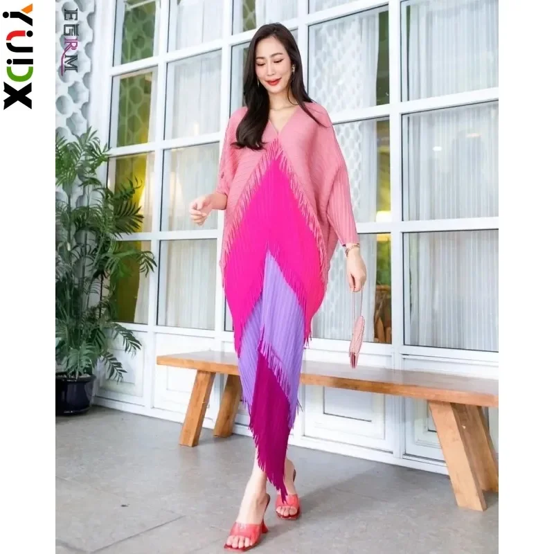 

YUDX Miyake Tassel Patchwok Color Block Dress Fashion V-Neck Pleated Batwing Sleeve Mid-calf Dresses for Women 2024 New Summer