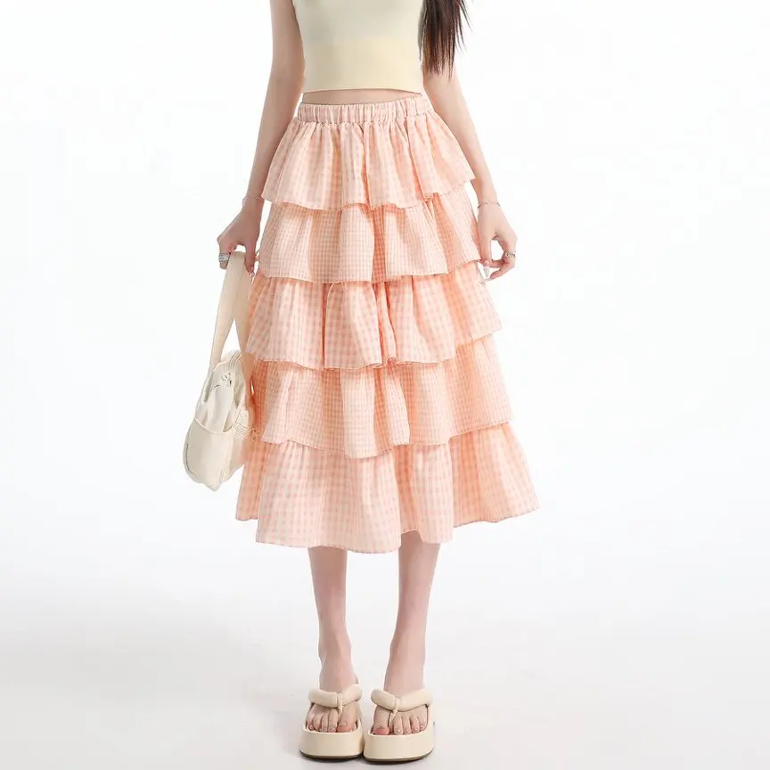 

Женская юбка миди в клетку 2026 в стиле готика-лолита, бальное платье, весна-лето, с высокой талией, асимметричная, с рюшами и плиссировкой