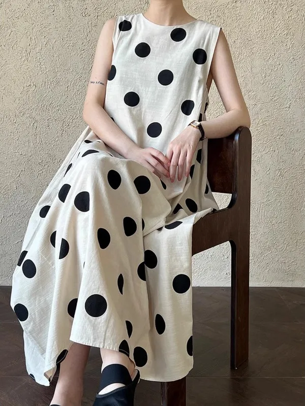 

Simple Korean Style Polka Dot Cotton Linen Vest Dress Women's Fashion A-Line Skirt Old Money Vibe Summer Casual Dress