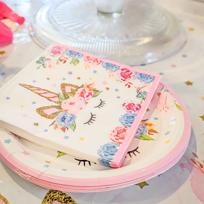 20pcs Unicorn Printed Paper Napkins Cartoon Unicorn Flowers Napkins Tissue for Girls Birthday Party Supplies Unicorn Party Decor