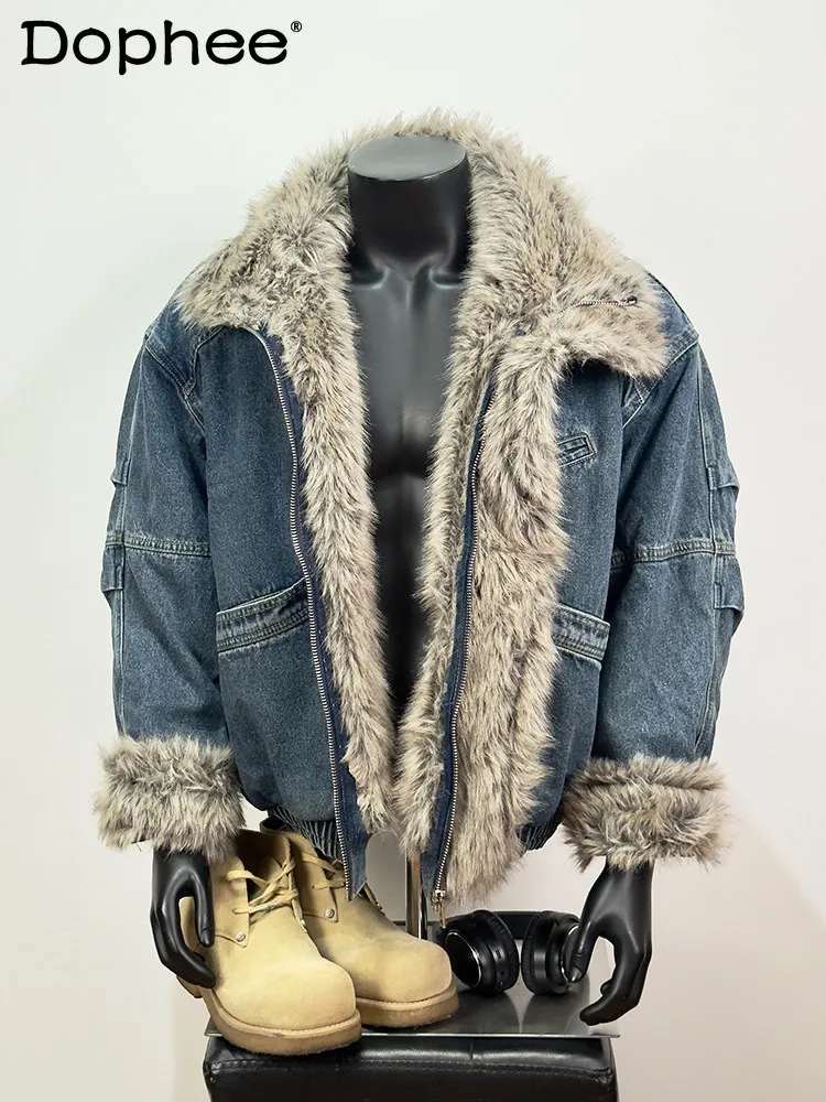 

Men Women 2025 Winter New Thickened Fleece-Lined Denim Jackets Faux Fur Collar Parkas Long Sleeve Handsome Warm Chic Denim Coats