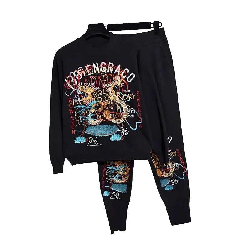 Black Letter Embroidery Knitted Tracksuits Women Outfits Loose Long Sleeve Pullover Sweater Pencil Pants Two Piece Set Female