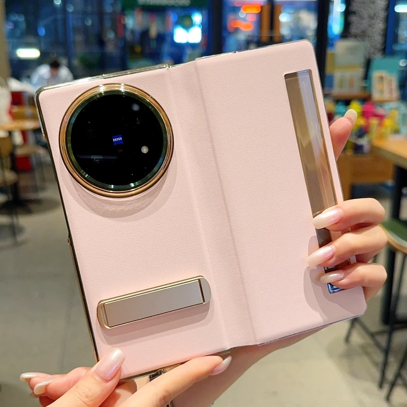 

For Vivo X Fold5 Fold 5 Case All-inclusive Protection Slim Printed Pink Leather Metal Bracket Stand Phone Grip Flip Cover