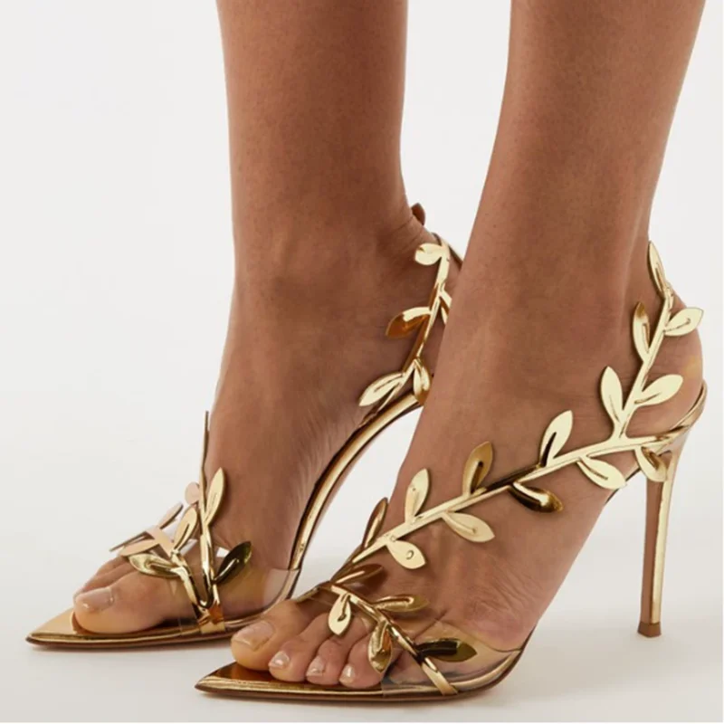Sandalias de mujer con hojas doradas, correa en el tobillo, punta estrecha, recortes huecos, tacones finos, zapatos formales de vestir para fiesta, cuero blanco y negro