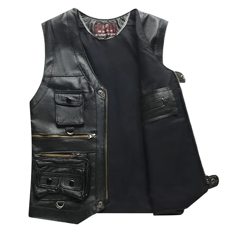 Men's Genuine Leather Vest  Keep Warm In Autumn and Winter Top Layer Cowhide Spring and Autumn Multiple Pockets Photography