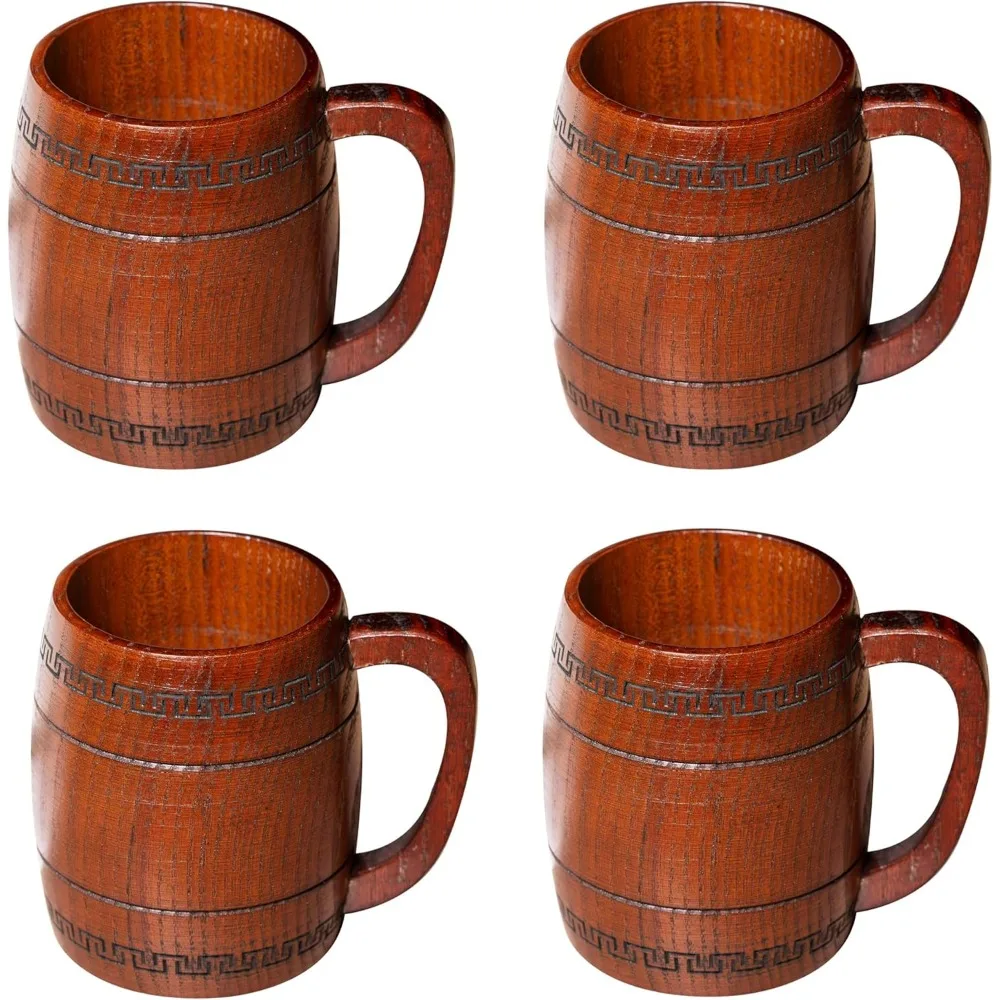 Juego de Cuatro Tazas de Cerveza de Madera Hechas a Mano, 12 oz, Tazas de Café y Té para Camping, Estilo Vintage, Regalo