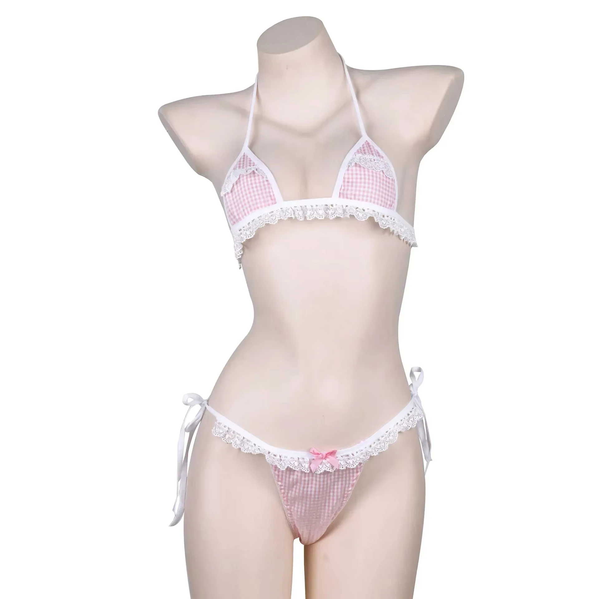 Bonito menina renda rosa sutiã breve conjunto anime treliça halter rendas até roupa interior arco japonês conjunto de biquíni lingerie feminina doce camisola