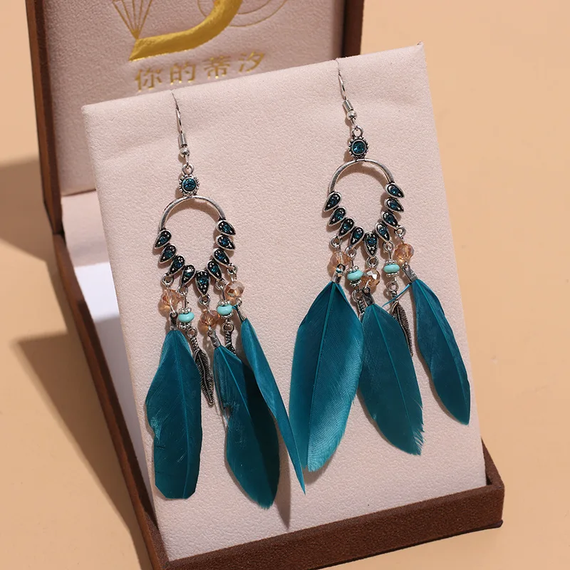 Bohemian Ethnische Lange Feder Ohrringe Boho Wasser Tropfen Gold Farbe Kette Quaste Ohrringe für Frauen Braut Hochzeit Schmuck – Detail 24