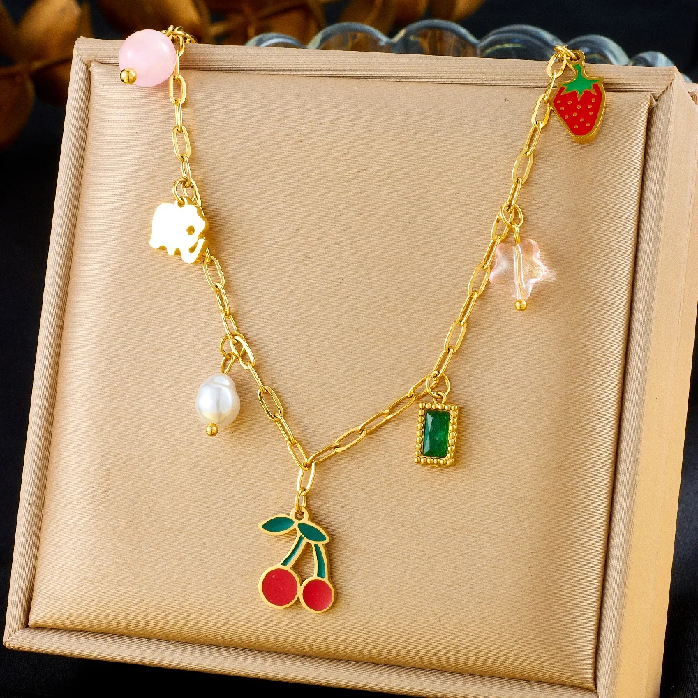 DIEYURO 316L Stainless Steel Pearl Strawberry Cherry Multiple Pendants Necklace For Women Fashion Trend Girl Jewelry Gift Joyas