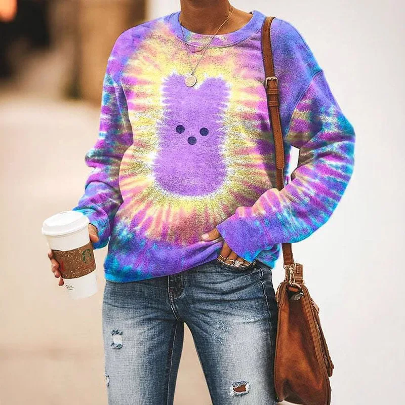 Spring and summer tie dye Easter bunny themed printed loose long sleeved T-shirt