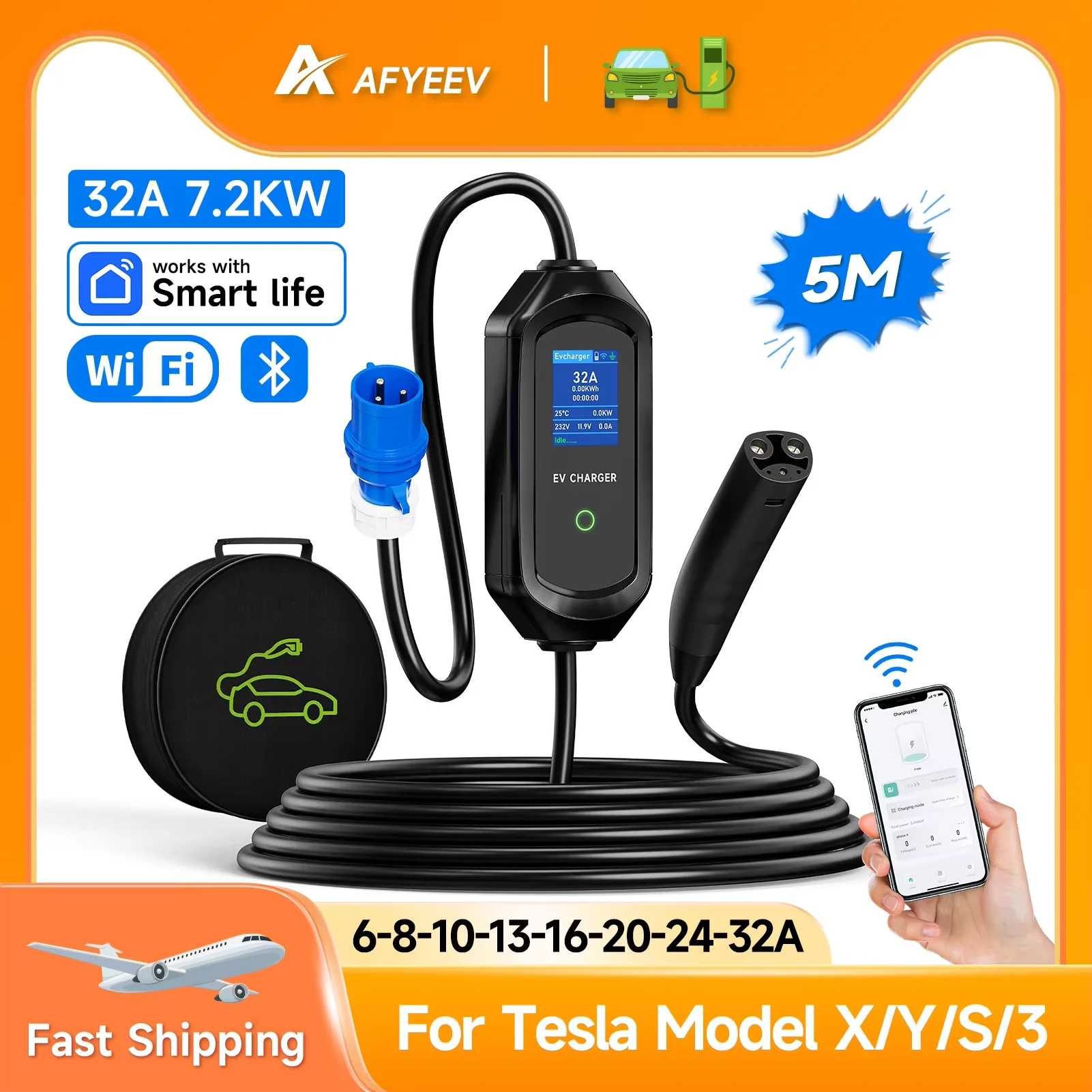 AFYEEV 16A/32A Portable EV Charger For Tesla EVSE Charging Box EU US CEE Plug Electric Car Charger For Tesla Model X/Y/S/3