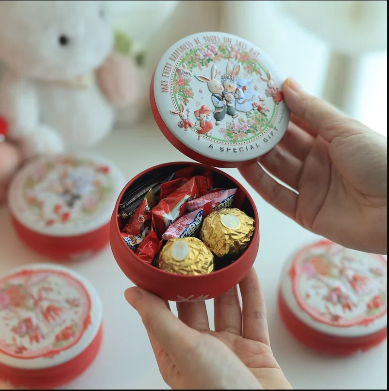 1PC Cartoon Small Round Storage Tinplate Box Creative Wedding Ferrero Candy Gift Box For Girl Bedroom Jewelry Organizer Cases