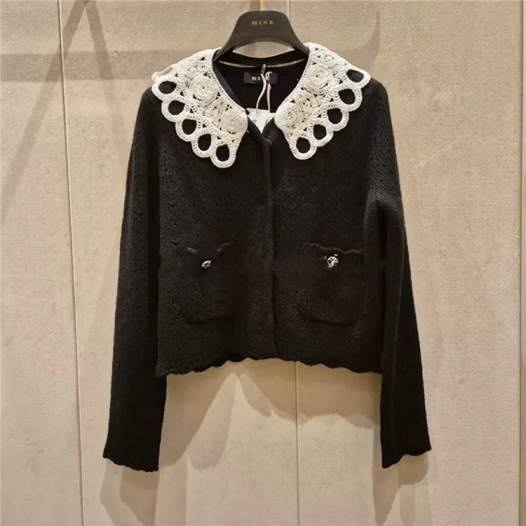 

Ele Lace Hook Knitted Cardigan M*NE Wool Blend Open Front Sle Detachable Collar Splicing Design for Autumn Season