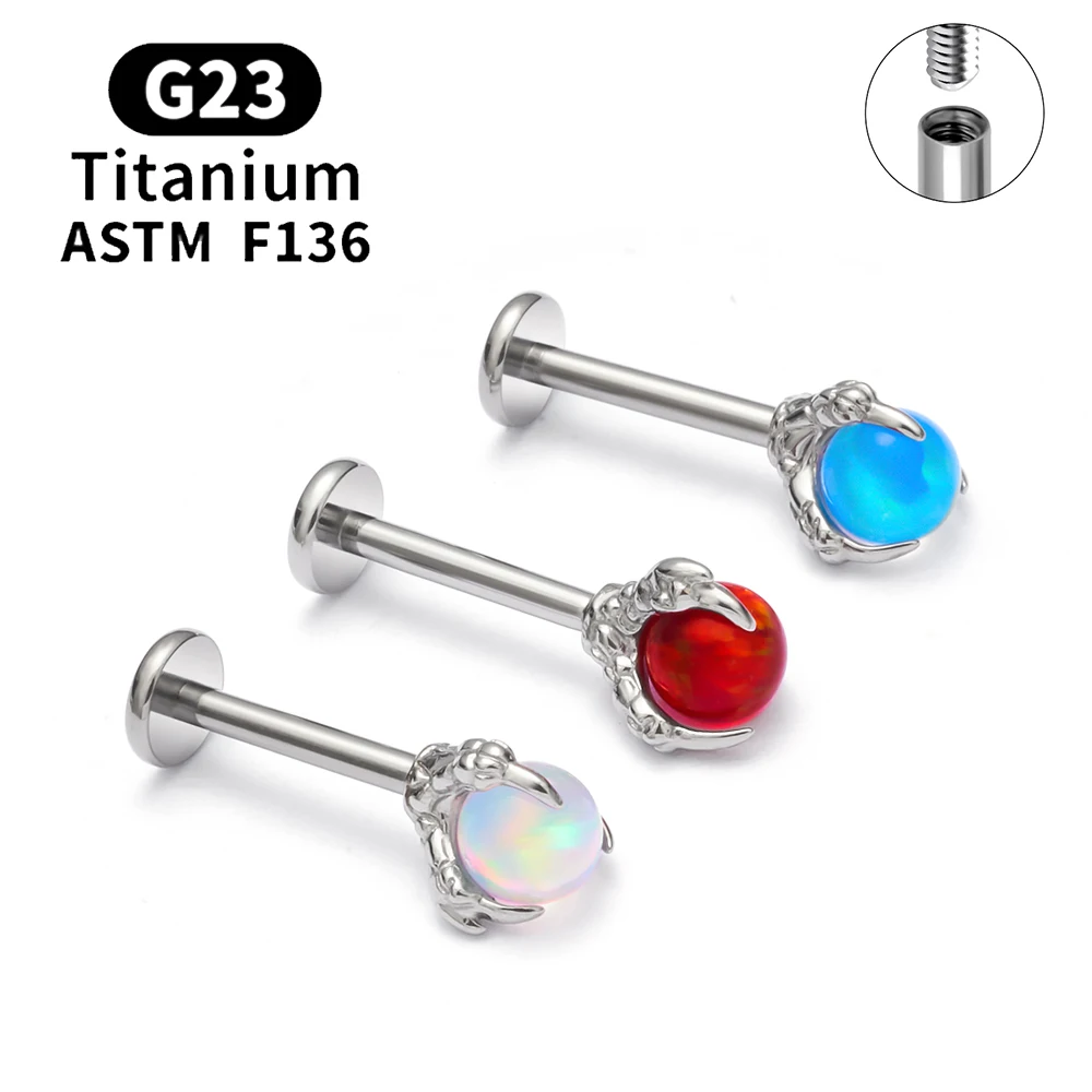 

ASTM F136 Titanium Dragon Claw Opal Flat Back Earring Stud 16G Thread Labret Lip Ring Tragus Ear Cartilage Lobe Piercing Jewelry