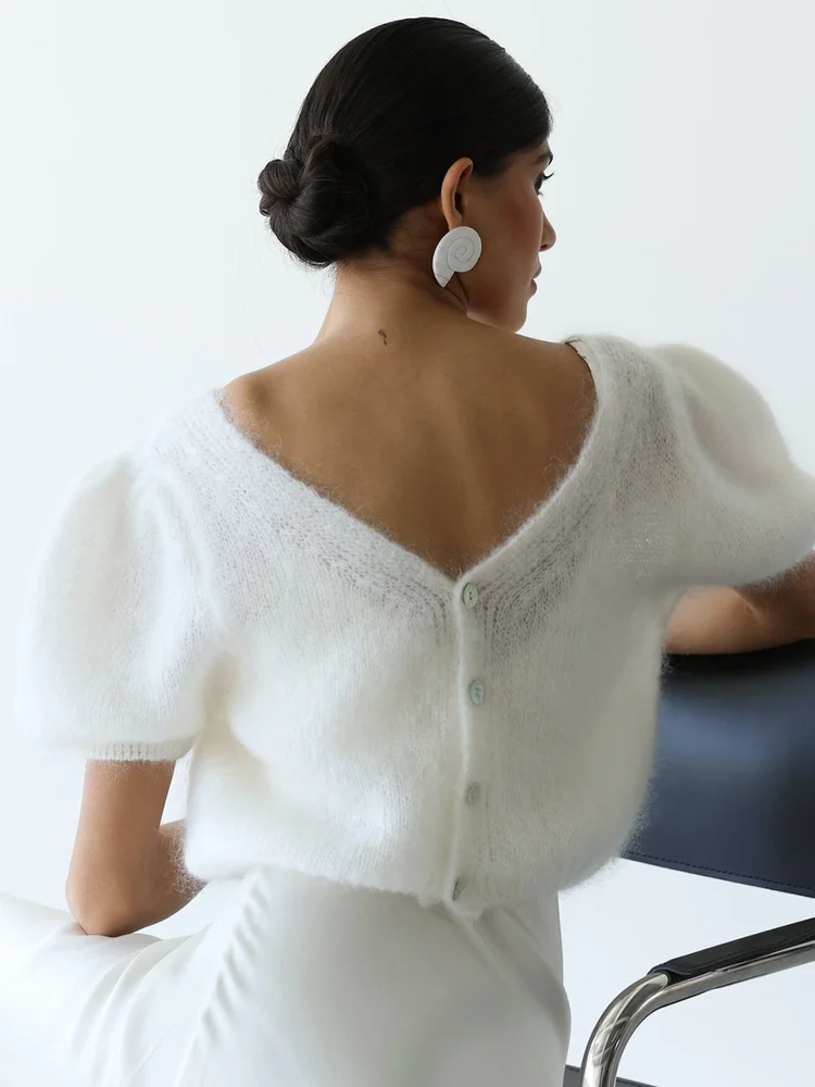 Tossy Mohair Cardigan Puff Sleeve V Neck Button Front Cropped Short Sleeve Autumn Winter Daily Black White Pink Cardigan 2026