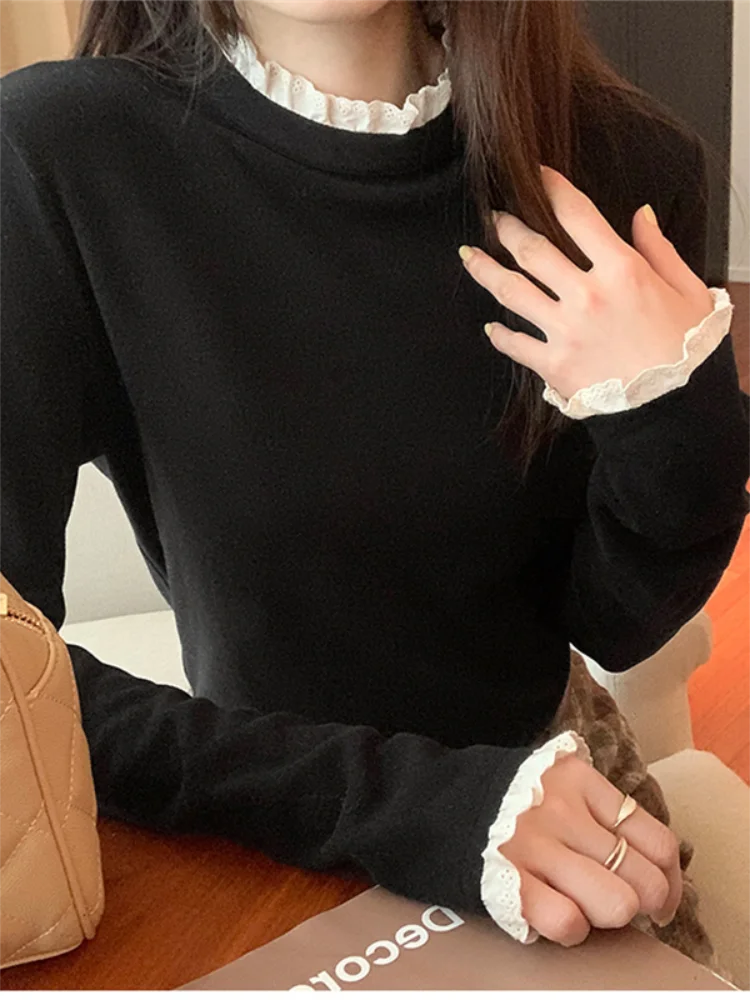 Haut chaud basique à col mi-haut pour femmes, T-shirt à manches longues, coupe cintrée, avec dentelle, Patchwork, automne hiver