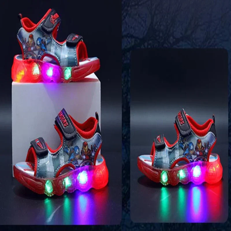 Kids Girls Summer Sandals Led Light Luminous Shoes Boys Cartoon Captain America Slippers Toddler Sport Running Soft Beach Shoes