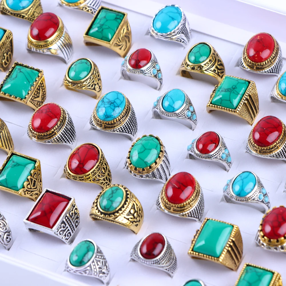 10/20/30/50Pcs/Lot Vintage Turquoise Stone Rings For Women Men Mix Style Color Retro Geometry Jewelry Party Gifts Wholesale