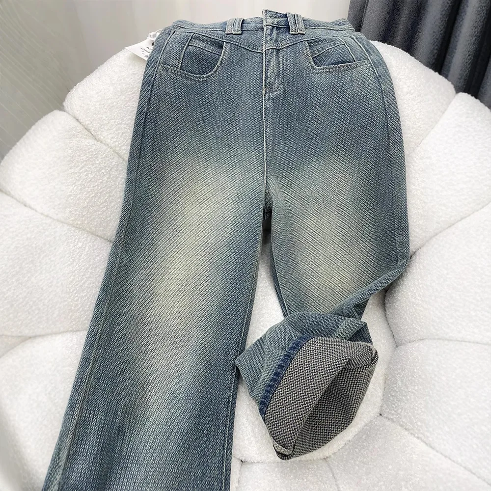 Fall Winter Plus Size Women Wide Leg Denim Pants High Waist Wheat Pattern Jeans Hip Cover Trousers for Pear Shaped Figure