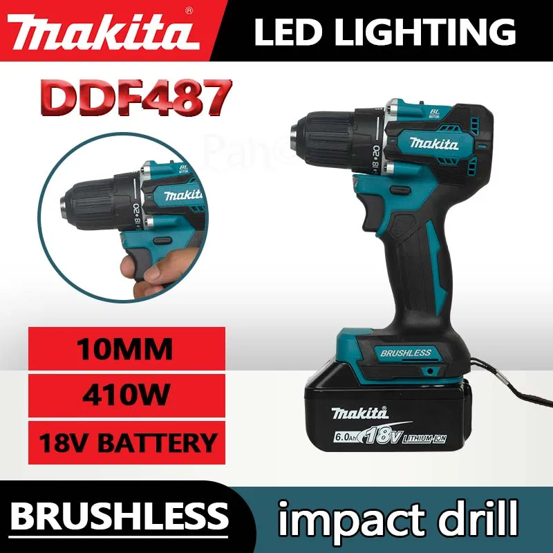 コンパクトコードレスツールddf487,ドライバー,衝撃ブラシレスドライバー,充電式ドリル,makita 18vバッテリー用,10mm,Makita-18V