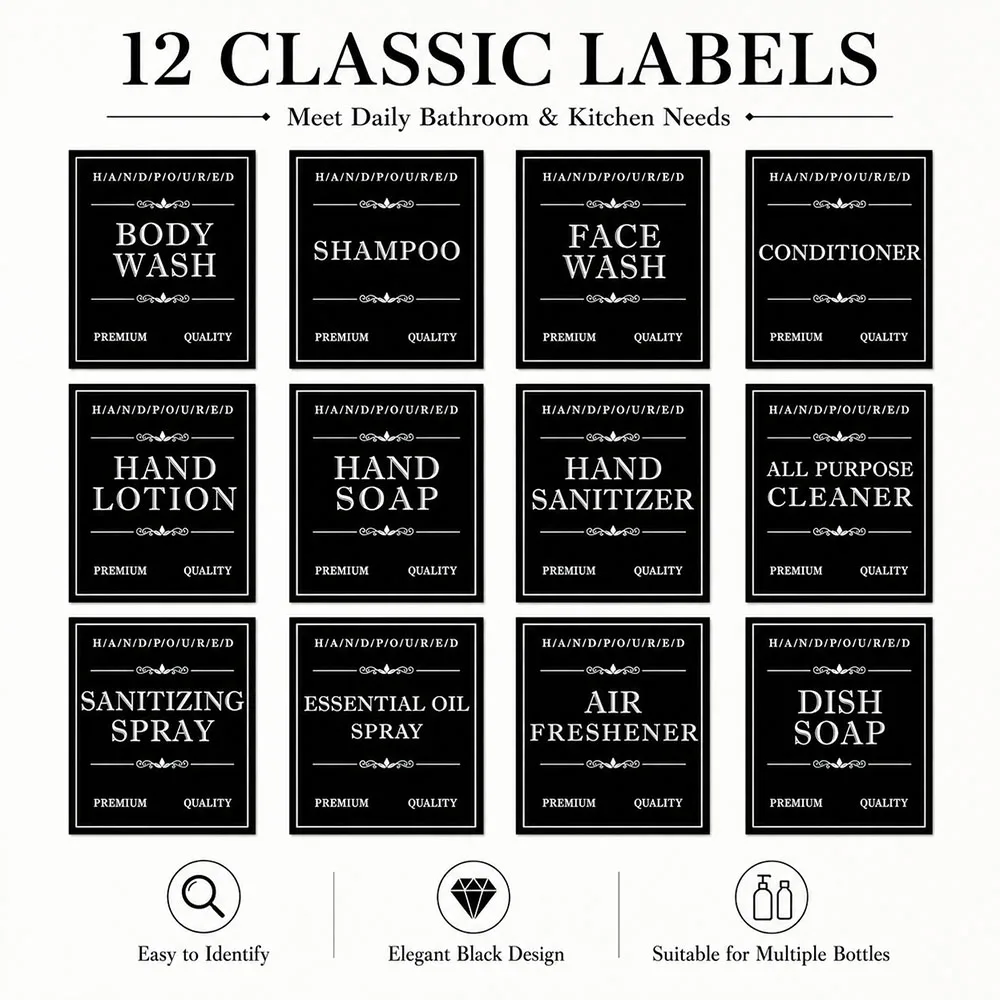 12pcs Soap Dispenser Labels Waterproof Black Lotion Label Shampoo Conditioner Body Wash Bathroom Shower Bottle Sticker