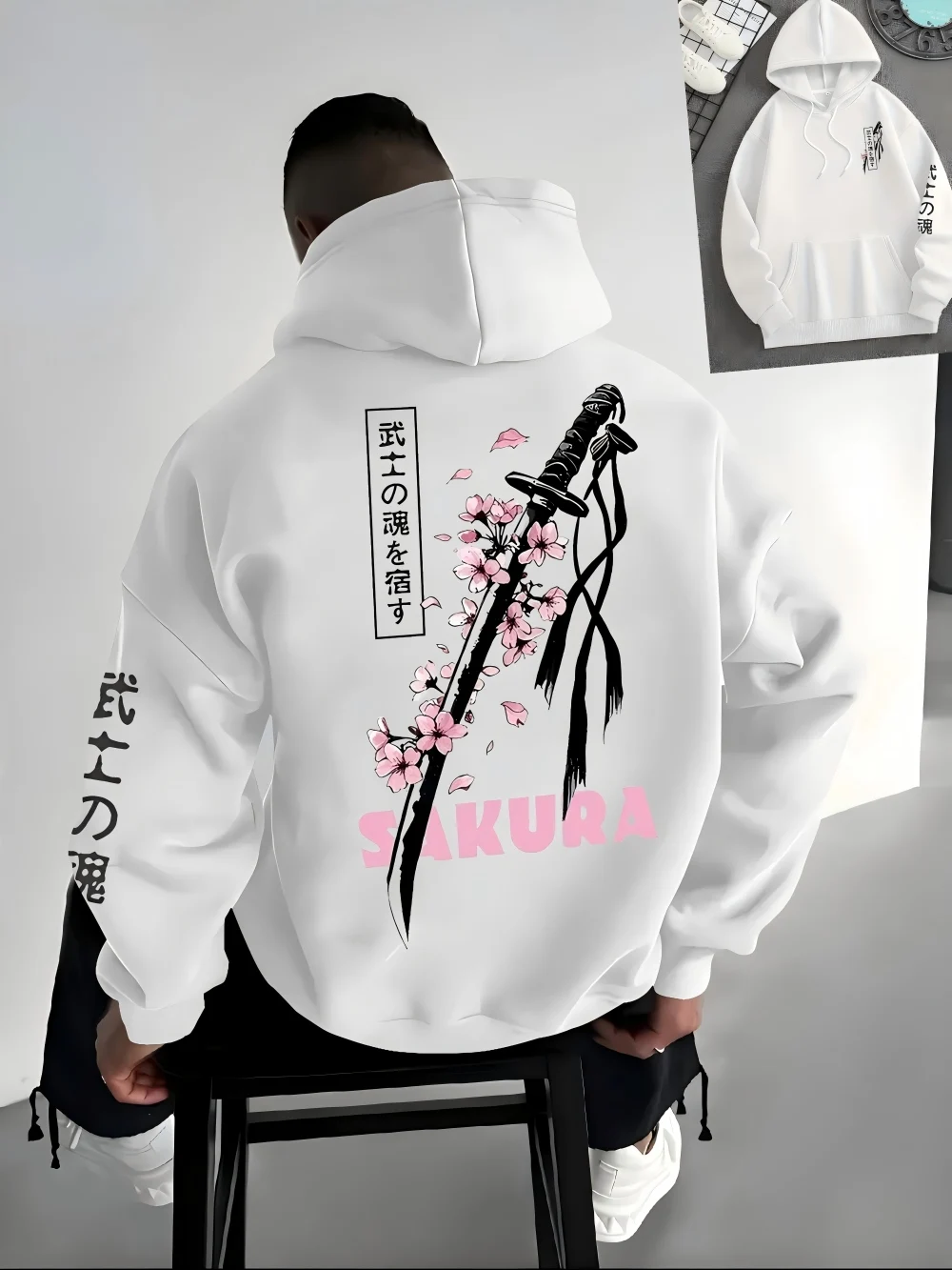 سترة خريفية عصرية للرجال من زهر الكرز بطباعة سيف الساموراي مريحة وناعمة بقلنسوة في الهواء الطلق على طراز الشارع