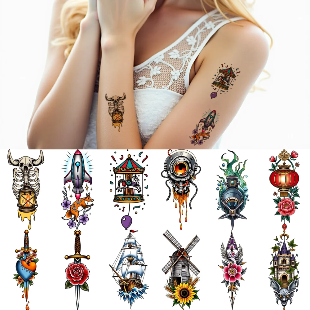 

28 шт., временные татуировки, временные татуировки, наклейки, маяк, бабочка, ветряная мельница для оружия, груди, женщин