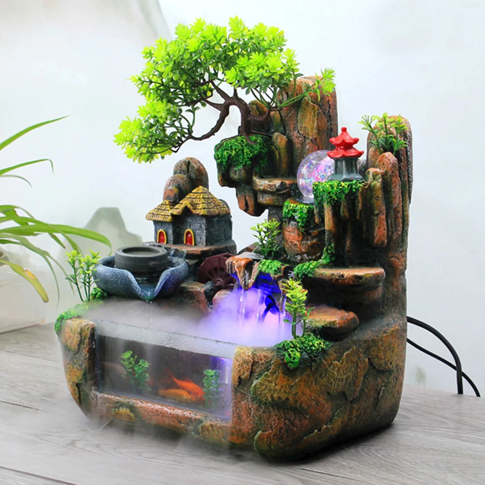 

Desktop Ornament Rockery Waterfall Office Home Tabletop Water Fountain w/ LED Light Resin Desk Decoration