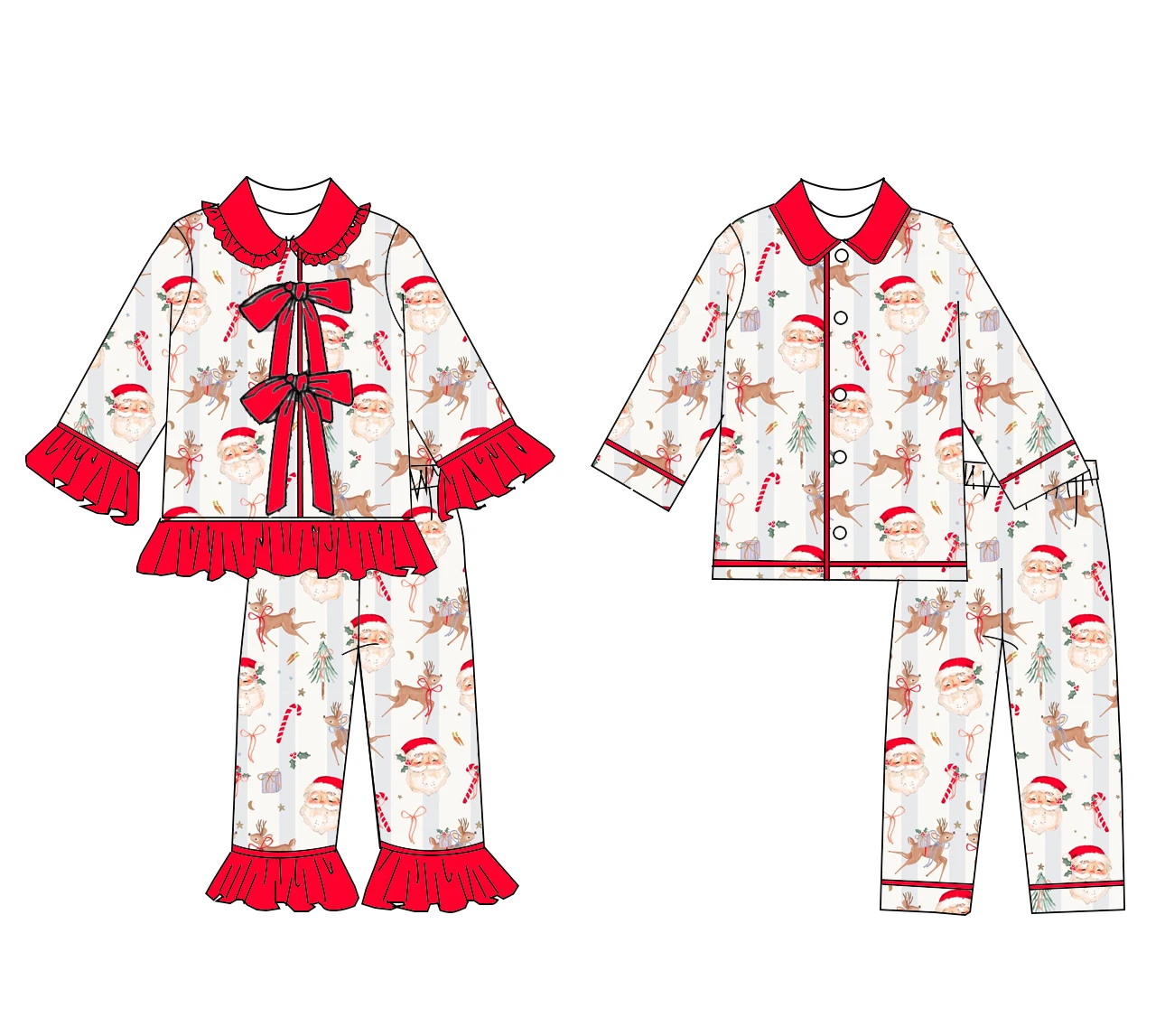 Boutique Hot-Selling Girls' Boys' Outfit Lapel Long-style with Ruffled Button Bow Decoration Christmas Series Print Custom