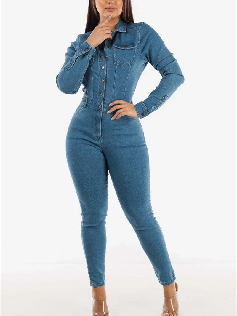 

Fashion Denim Jumpsuits for Women Spring Y2K Clothes Turn Down Collar Bodycon Jean Rompers Playsuits One Pieces Overalls Outfits