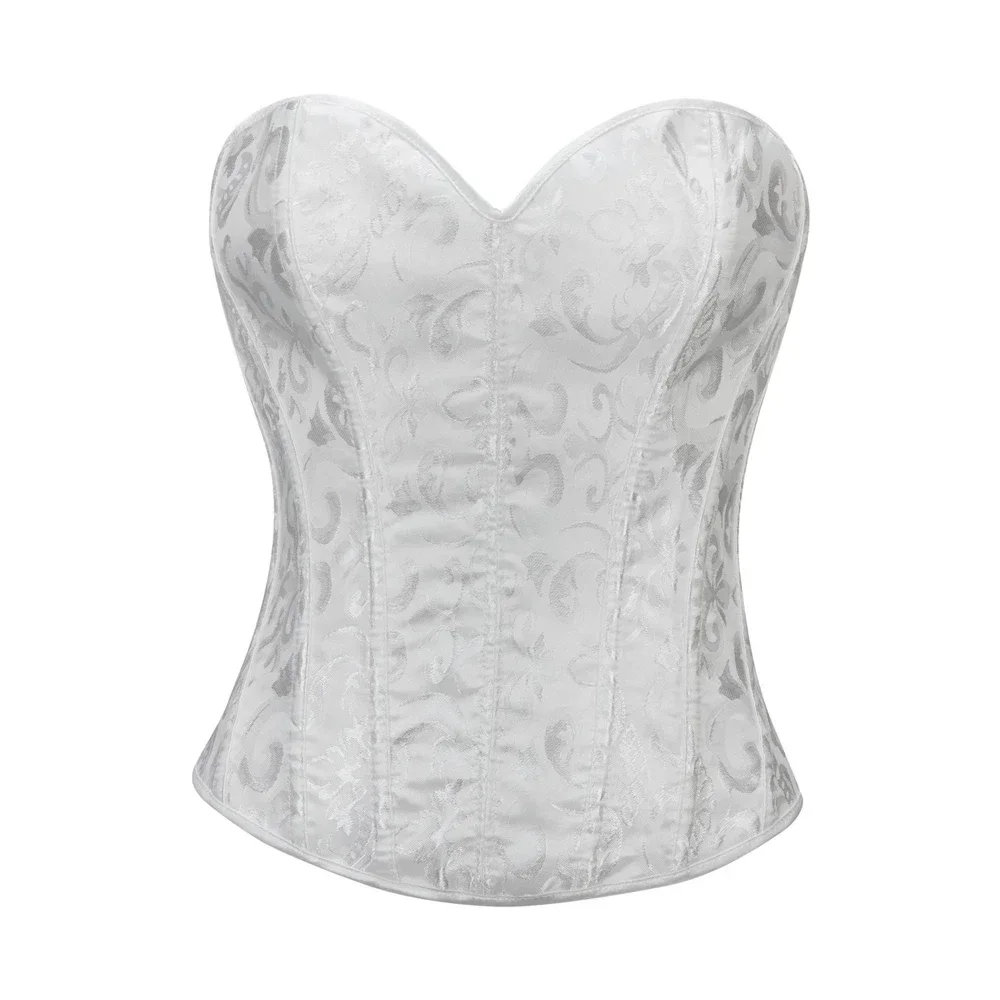 Women's WHITE Corset Top Gothic Vintage Flower Print Corselet Sexy Back Lace Up Side Zipper Waist Trainer Overbust Bustiers