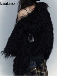 Lautaro-casaco preto curto de pele sintética para mulheres, casaco fofo grosso quente, roupas de grife de luxo, estilo punk legal bonito, moda de passarela, inverno