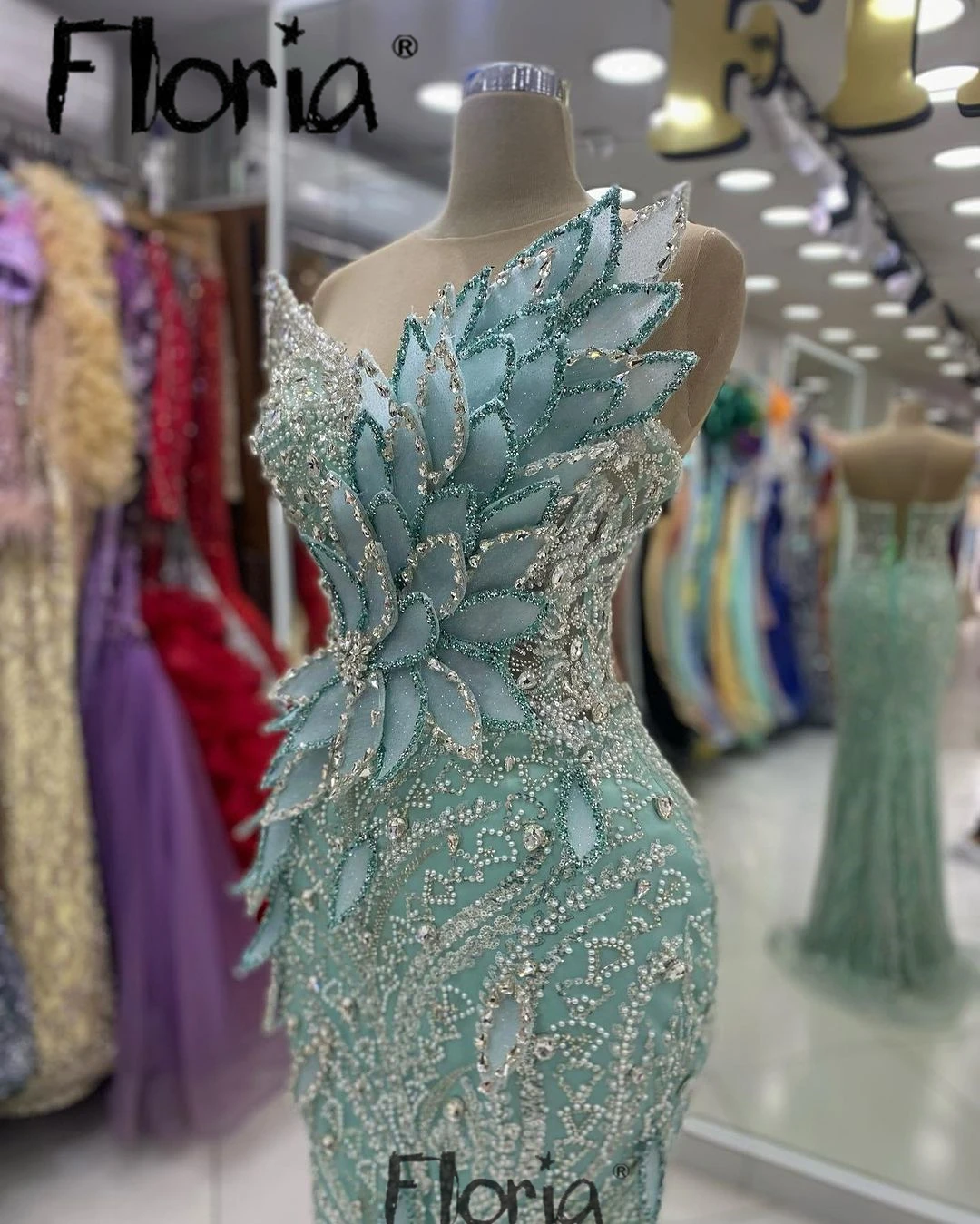 Floria verde menta 3D fiori vestito da partito Glitter a forma di foglia abiti da ballo per gli ospiti di nozze donne arabe sirena vestito da Cocktail in rilievo