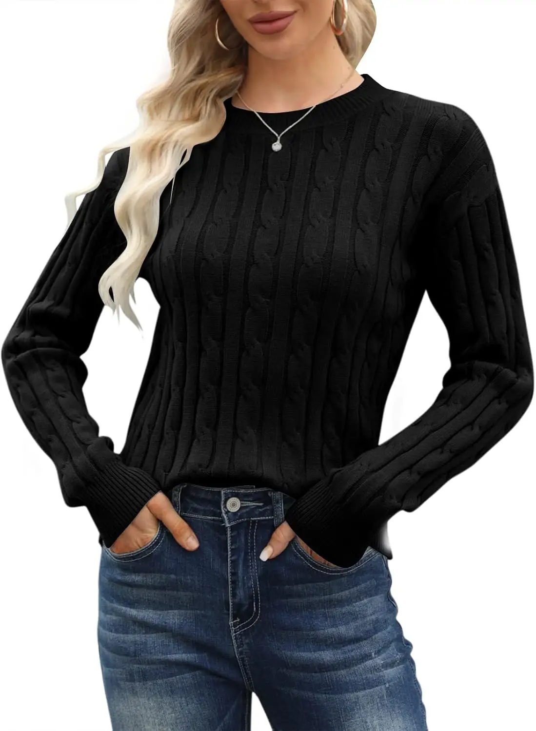 Classic Lightweight Sweater Women Fashion Casual Y2k Clothes Crew Neck Cable Knit Pullover Tops Solid Color Long Sleeve Jumper