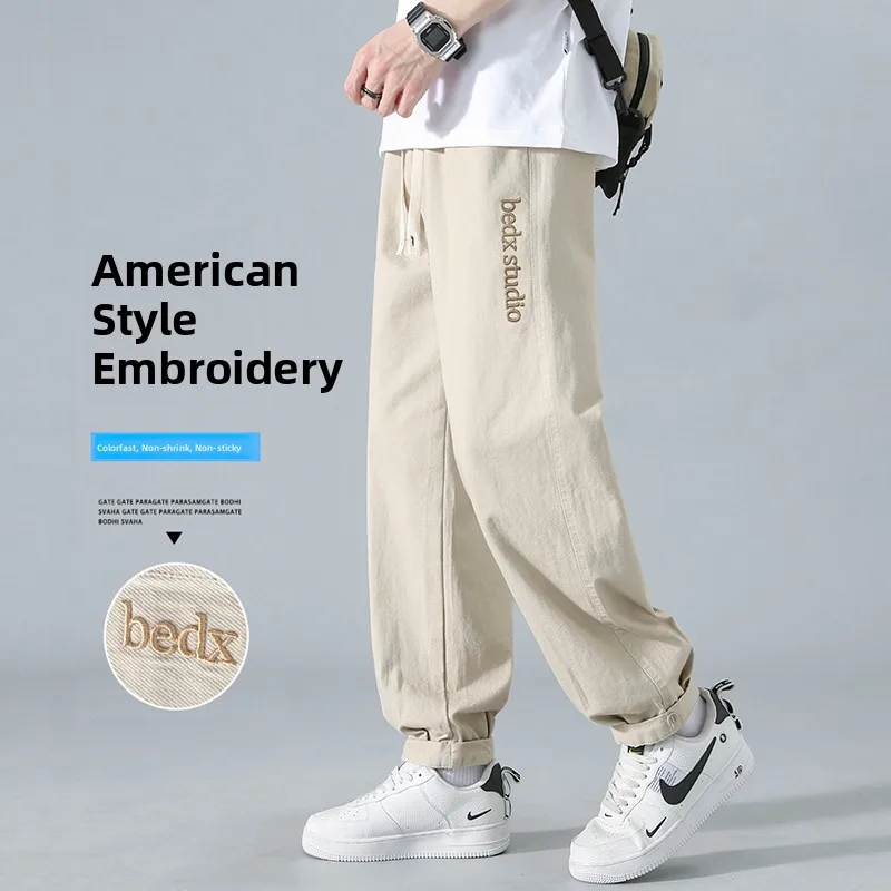 

Мужские повседневные брюки свободного покроя цвета хаки, американская рабочая одежда с вышивкой, длинные брюки, весенне-осенний модный бренд