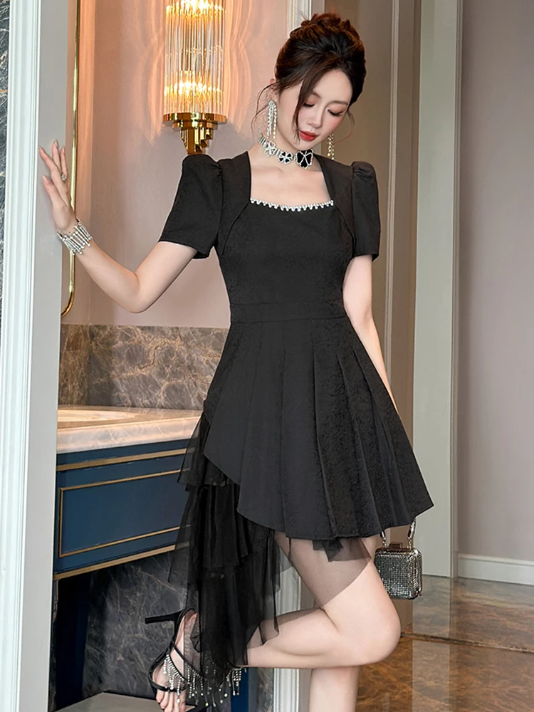 Sommer Schwarz Square Neck Schlank Plissee Asymmetrische Mini Kleid Frauen Elegante Formale Party Cocktail Kleid Dating Mujer Kleidung Chic