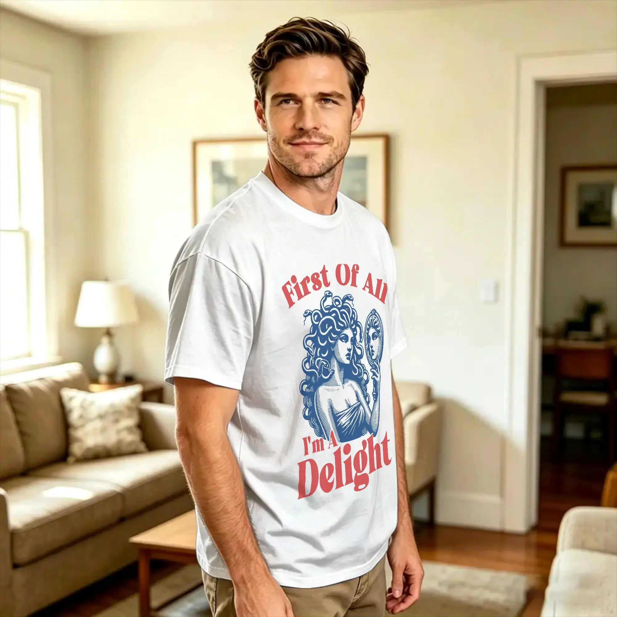 First Of All I'm A Delight Medusa Funny T Shirt  Leisure T-Shirts Short Sleeve Streetwear Tops Summer Cotton 5XL 6XL Top Tees