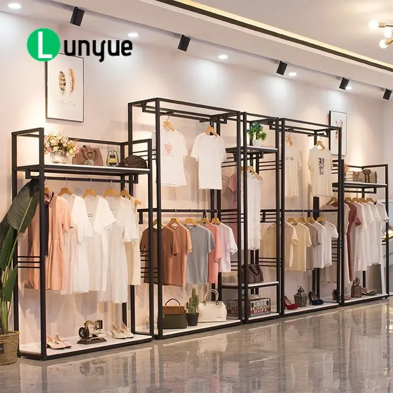 Double Layer Wrought Iron Solid Wood Clothing Rack Floor to Ceiling Garment Display Shelf for Men Women Fashion Store Hangers
