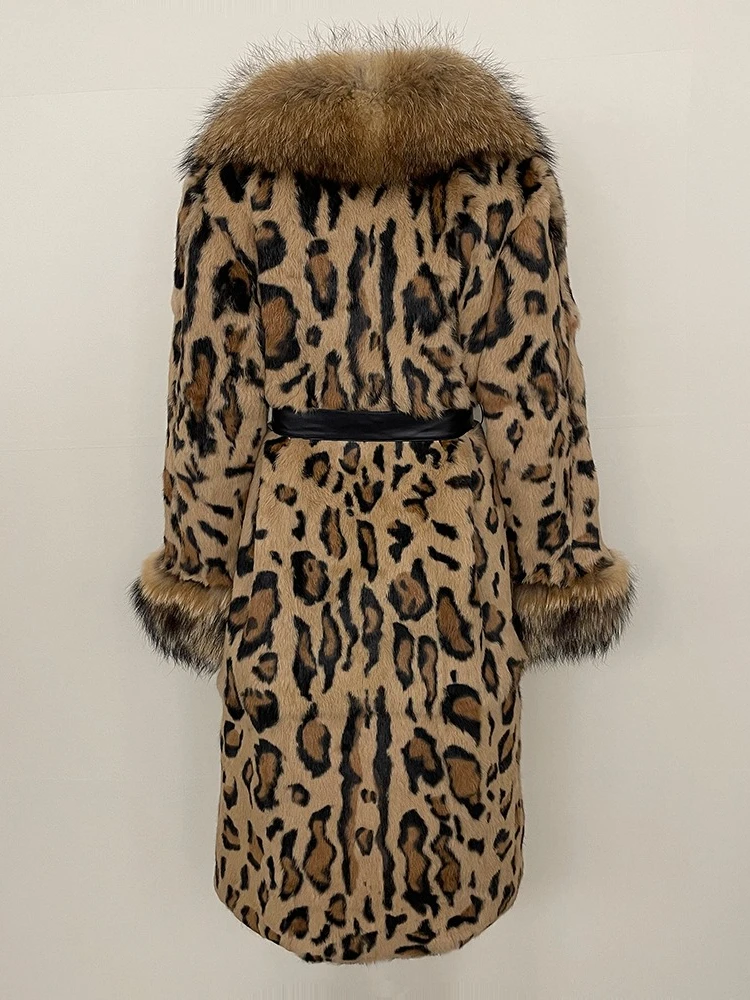 Women Fashion Autumn Winter Leopard Print Clothing Long Fox Collar Fur Jacket One-piece Thick Warm Real Rabbit Fur Jacket