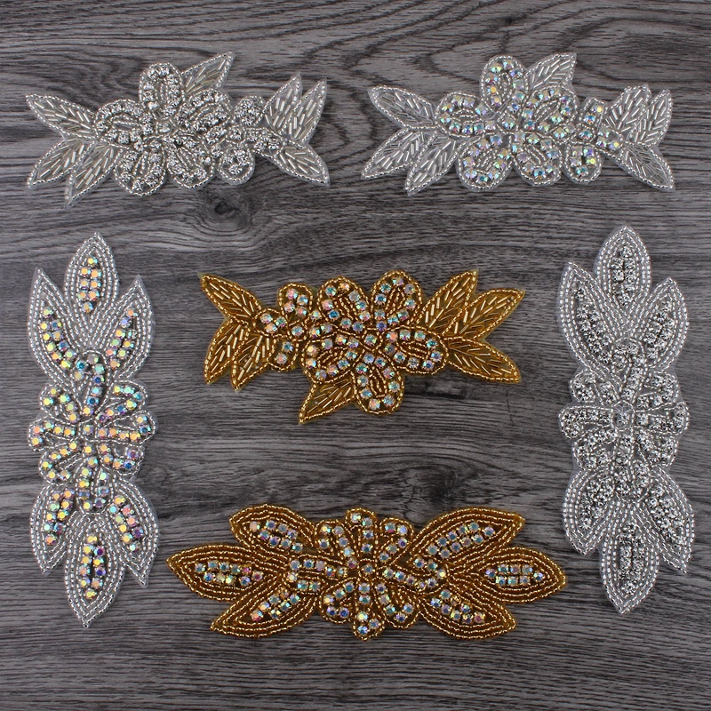 

20PC Handmade Bling Beaded Rhinestone Applique Sew On Manual Flatback Crystal Flower Cloth Applique for Dresses Craft Supplies