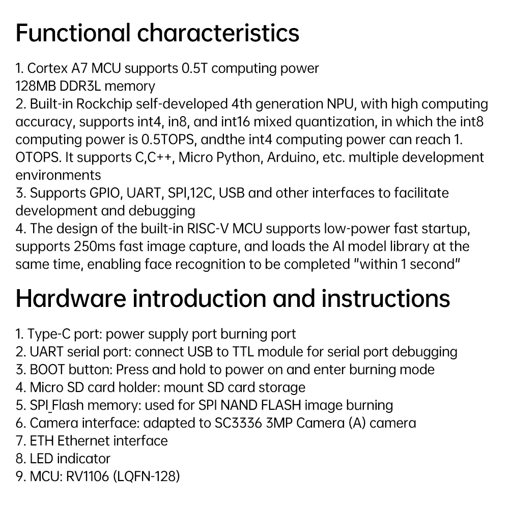 Linux Architecture Development Board, 256MB Flash, 100Mbps Porta Ethernet, Inteligência Artificial Demo Board, RV1106 RISC-V