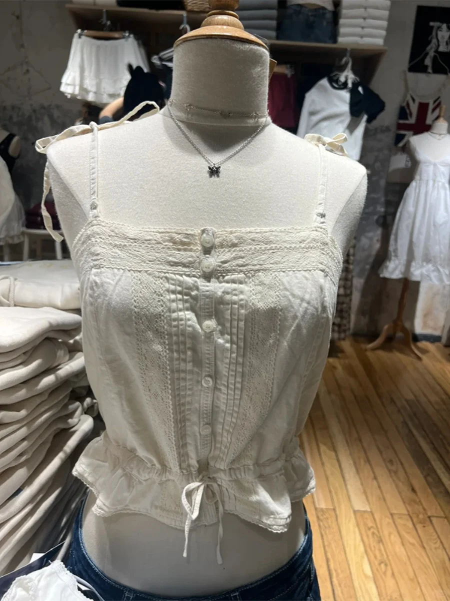 Brandygirl Lace Trim Cintura con bottone singolo Csola in cotone Gilet da donna Or Capispalla Top in puro cotone Summer Faion